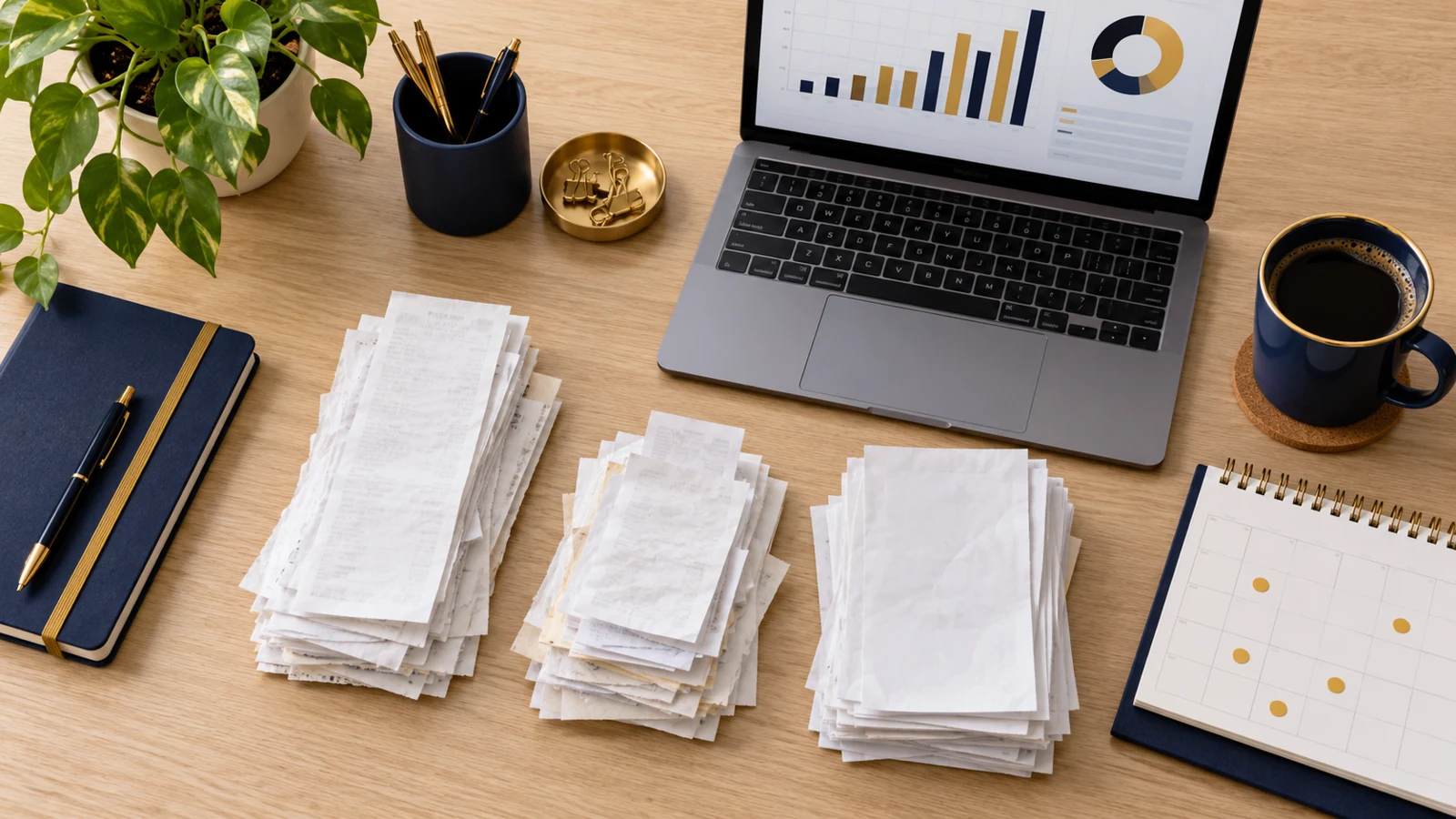 Receipts are sorted into piles beside a laptop and a mug on a desk.