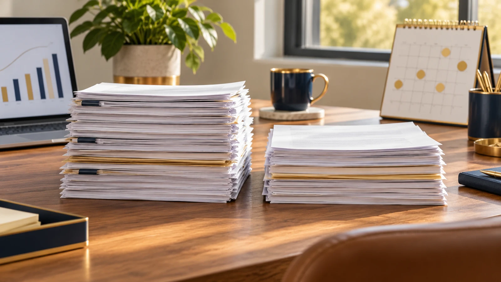 Stacks of paper sit side by side on a wooden desk.