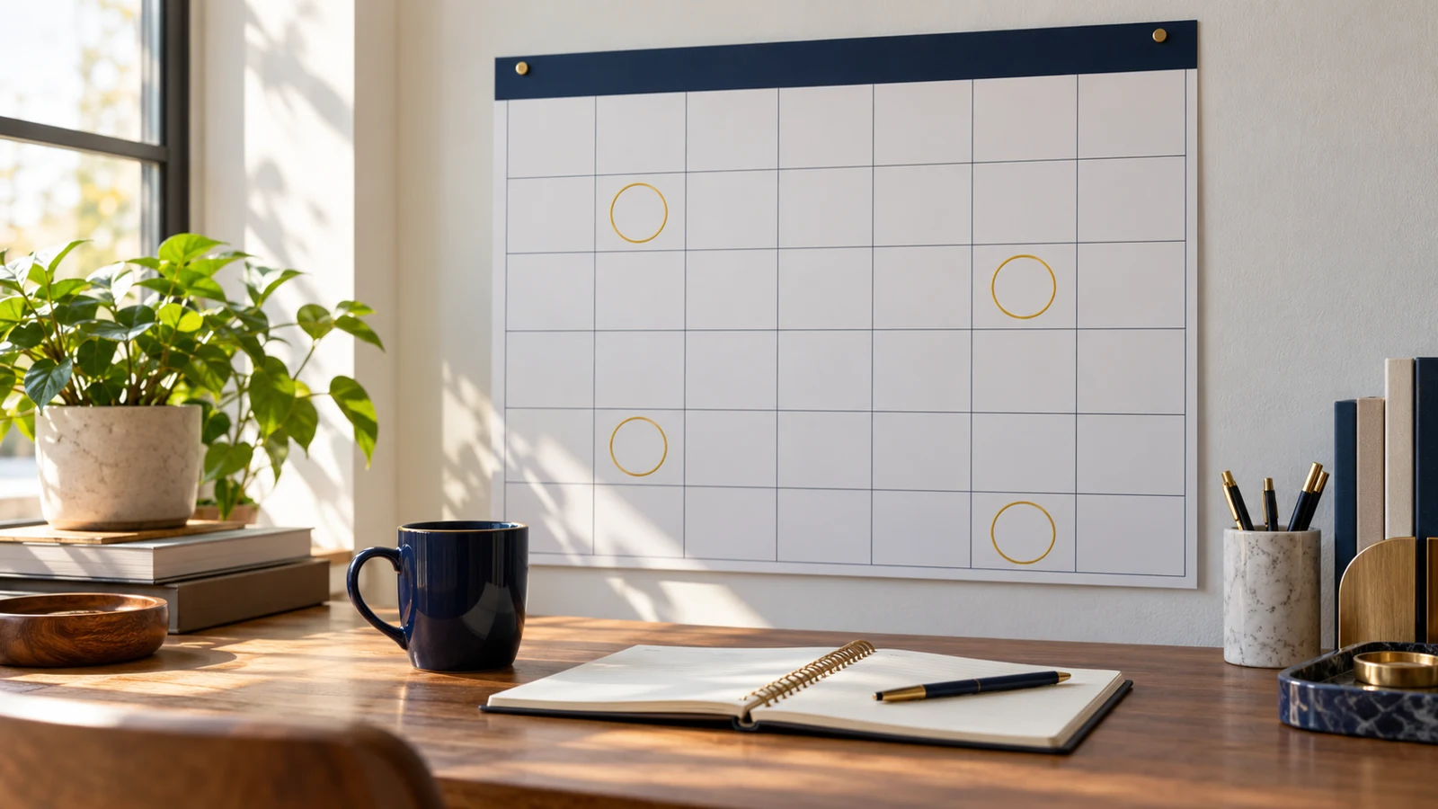 A calendar with circled dates hangs above a desk with a mug and a notepad.