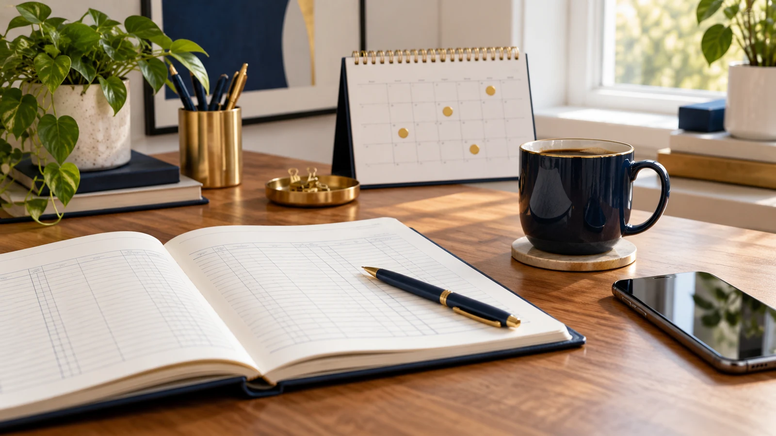 A ledger, a mug and a phone rest on a tidy desk.