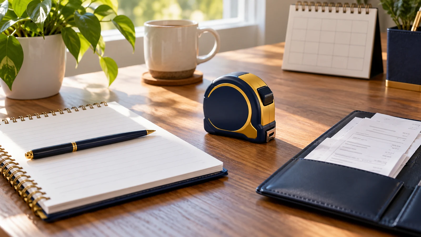 A spiral notebook, a tape measure and a receipt folder sit on a desk by a window.