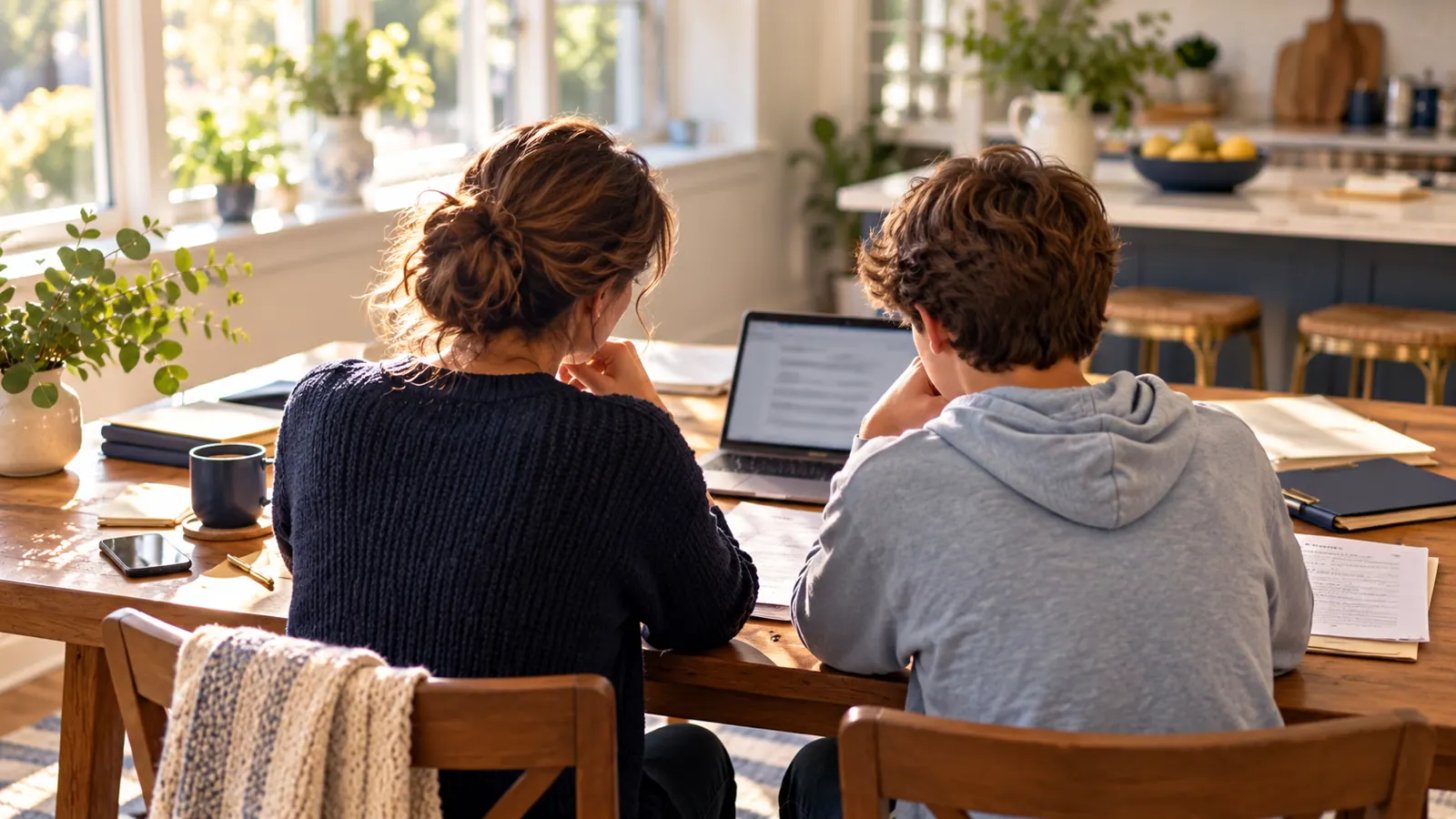 People review papers beside a laptop at a kitchen table.