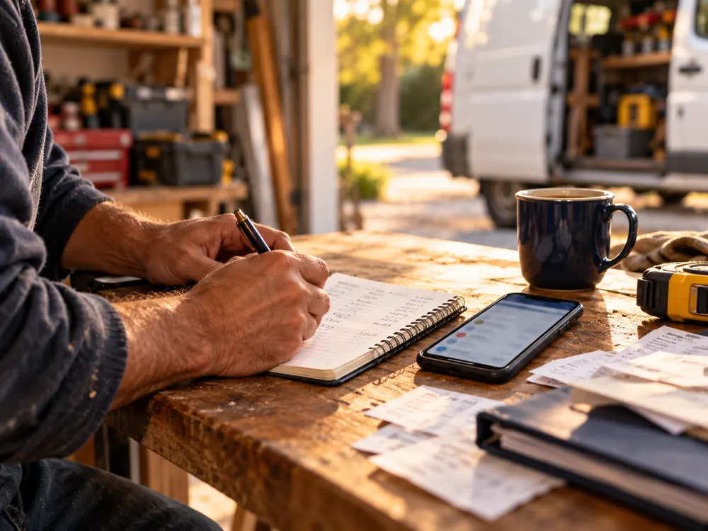Hands write in a notebook beside a phone on a workbench.