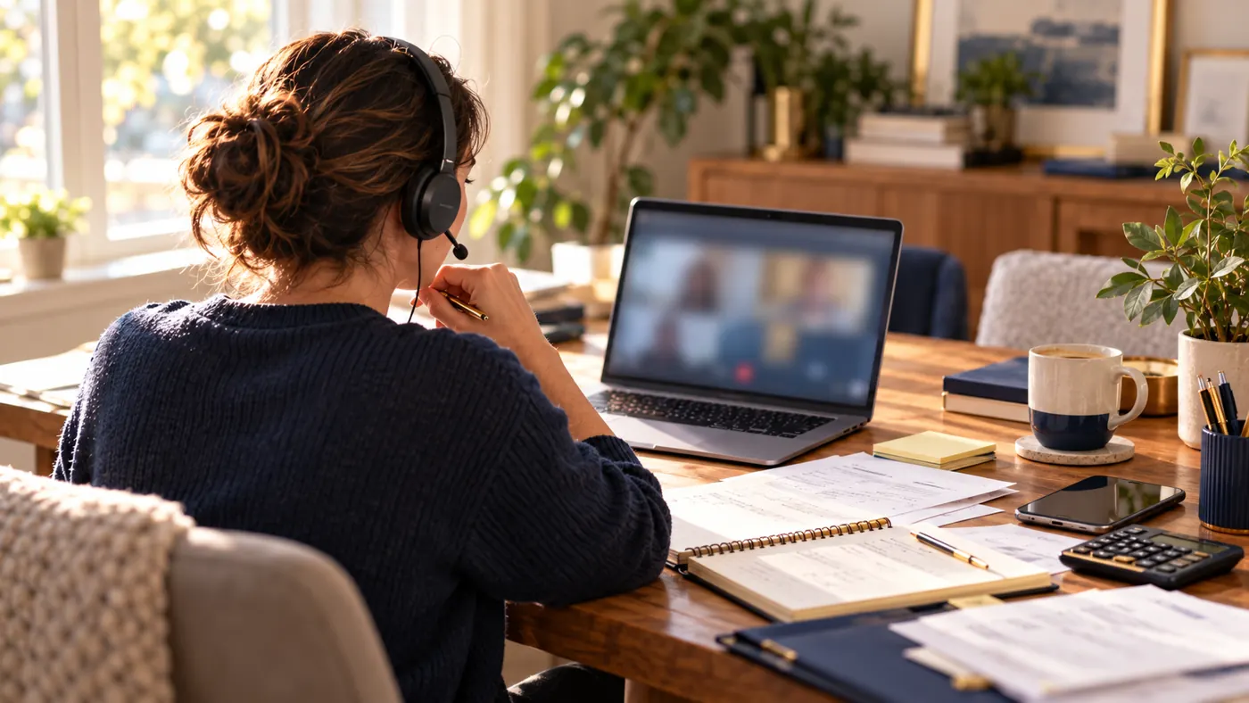 A person sits at a laptop during a video call.