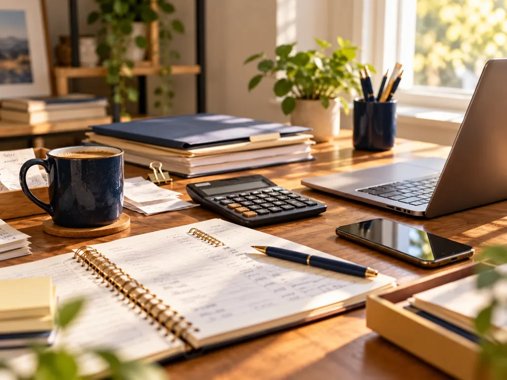 A ledger and a calculator rest on a tidy desk.