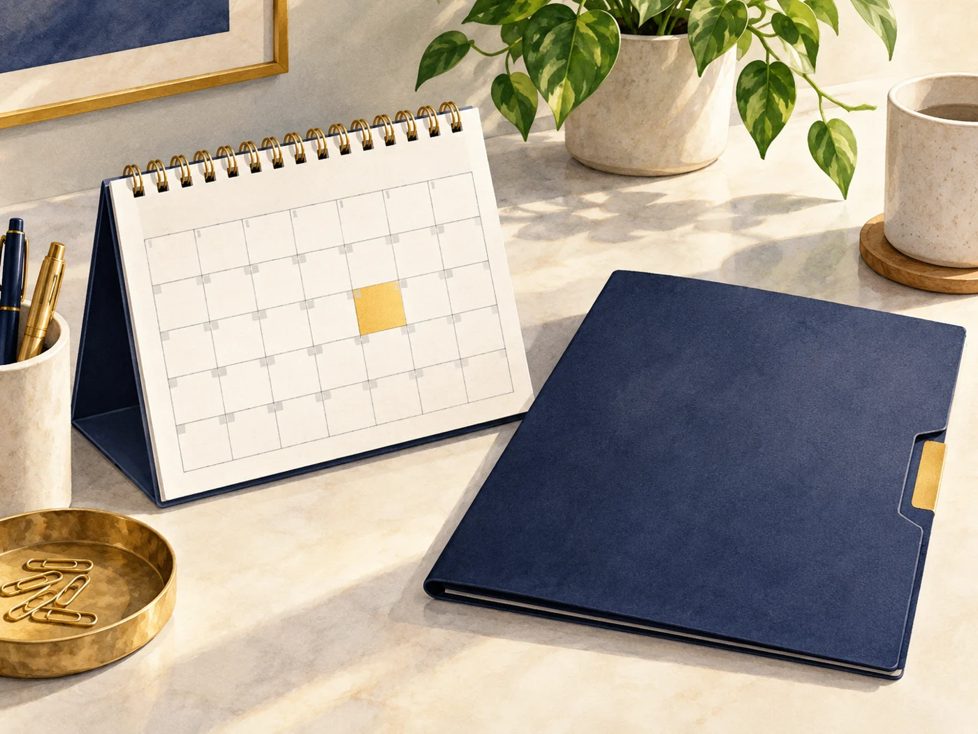 A calendar stands beside a closed folder and a pen on a desk.