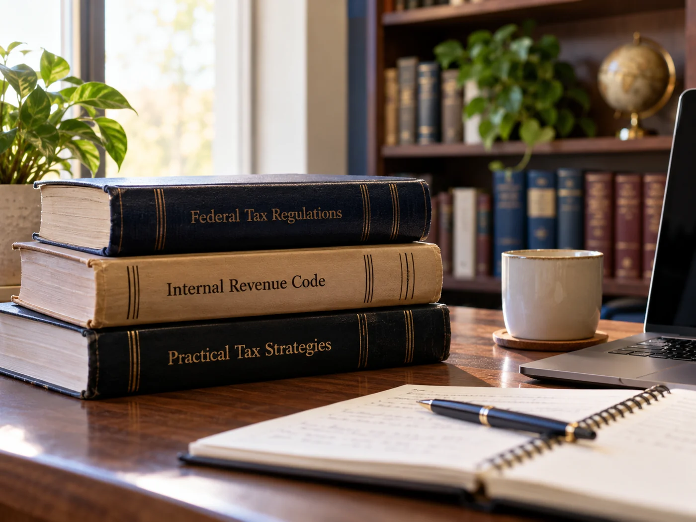 Worn books are stacked beside a mug and an open notebook.