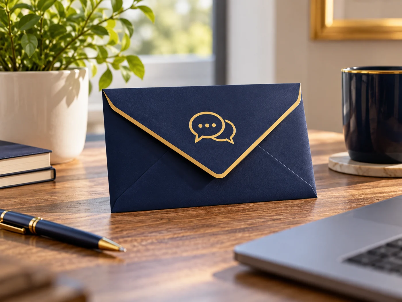 A dark envelope with a speech bubble rests on a desk beside a laptop.