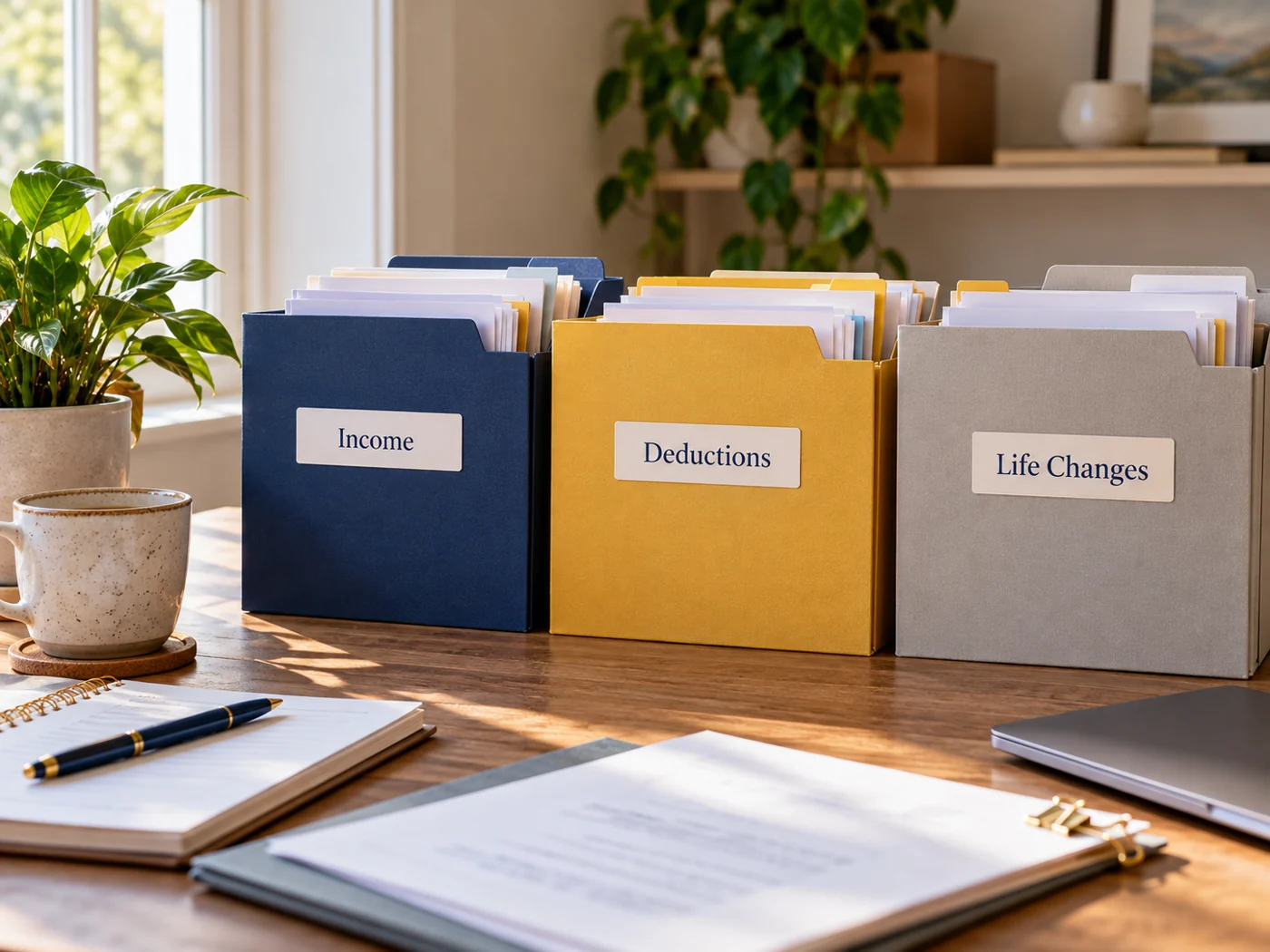 Labeled folders stand beside an open notebook on a desk.