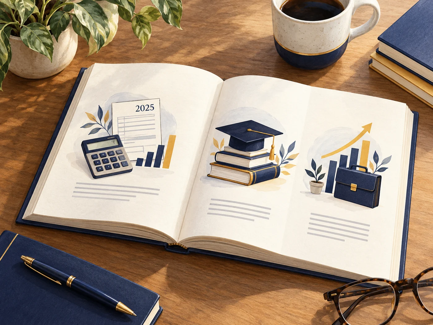 An open book contains pictures of books, a calculator and a briefcase.