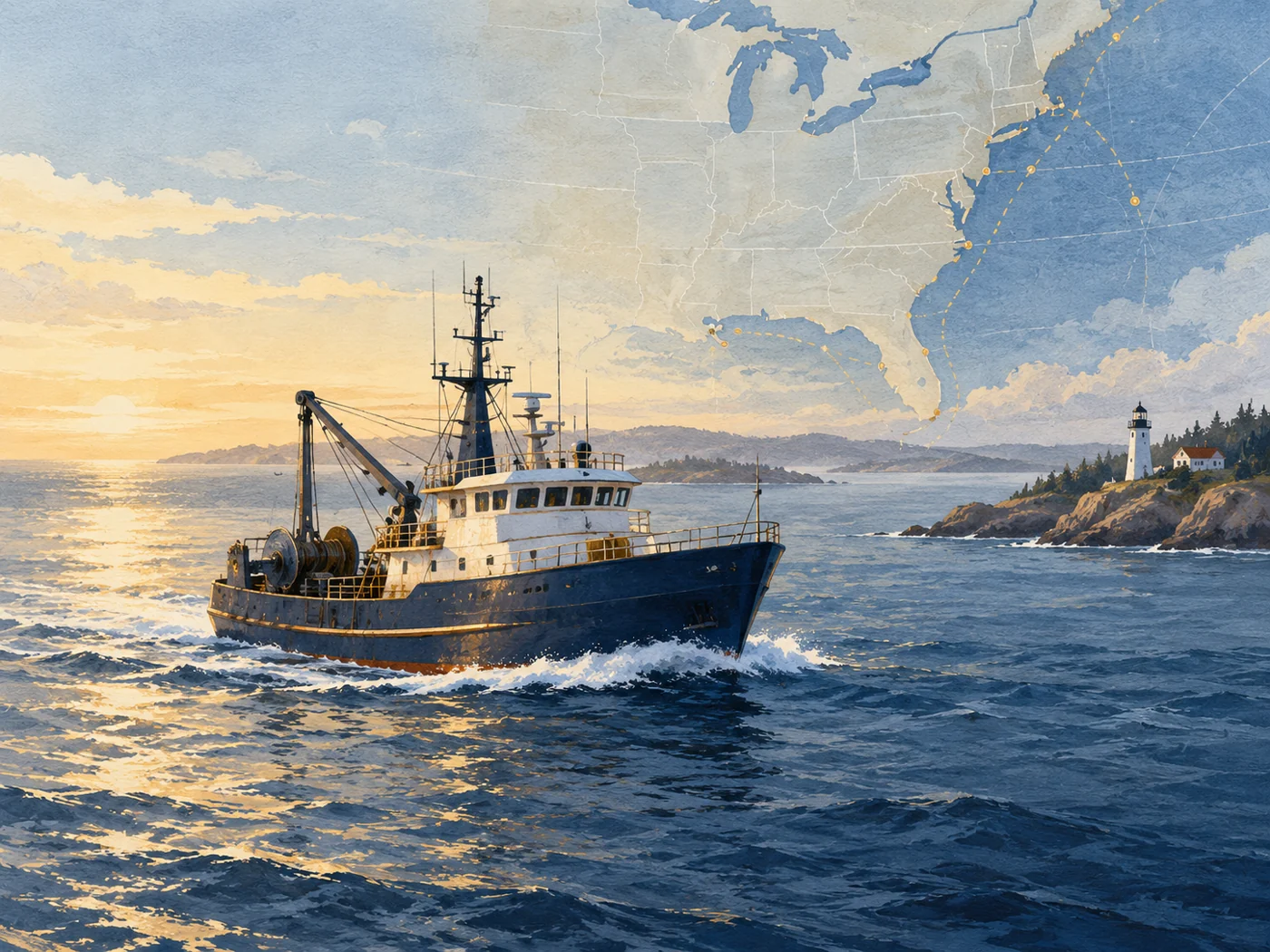 A working boat crosses the sea beneath a coastal map.