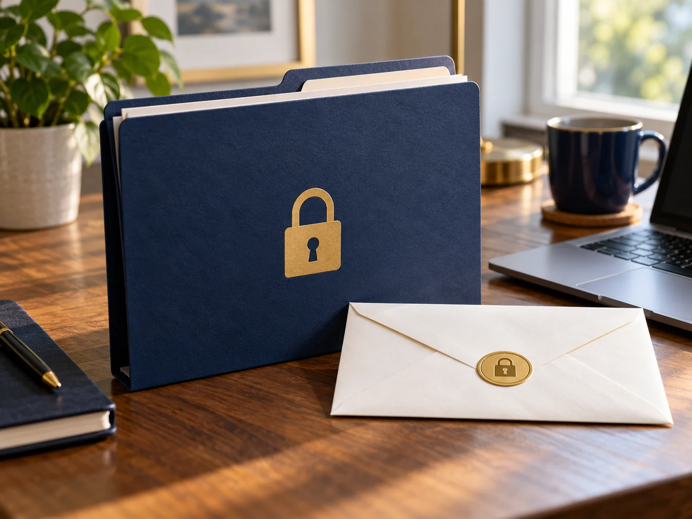 A folder with a lock symbol stands beside an envelope.
