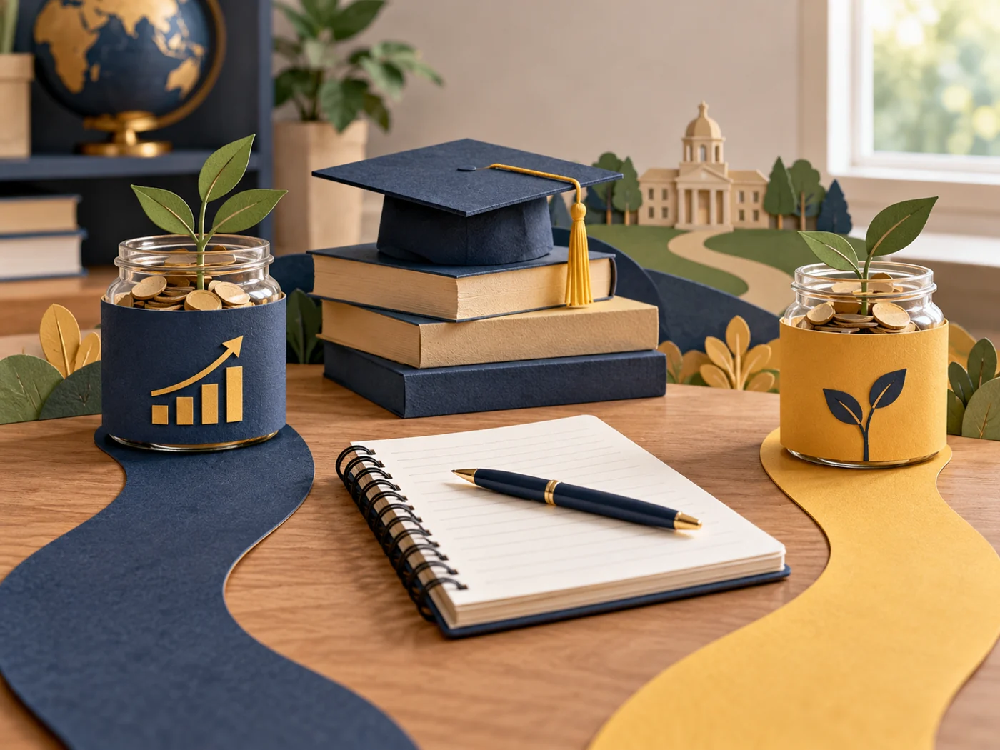 Colored paths curve around jars, books and a graduation cap on a desk.