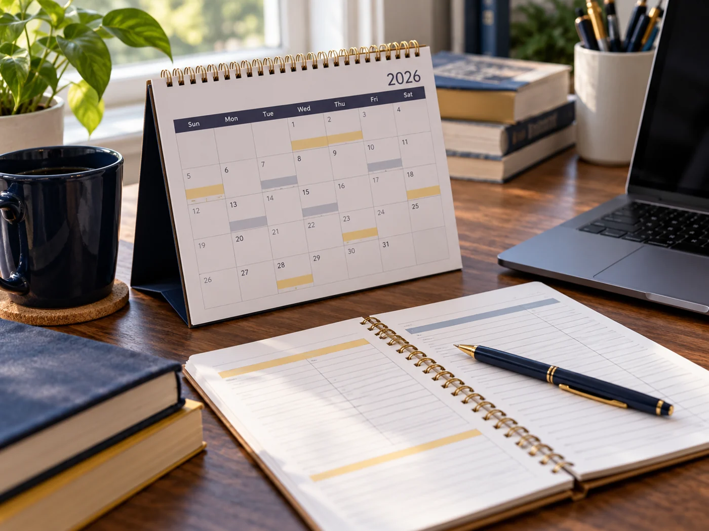 A calendar and an open notebook sit on a desk beside a laptop.