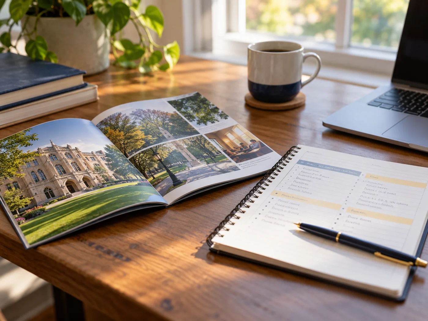 An open college brochure lies beside a notebook and a laptop.