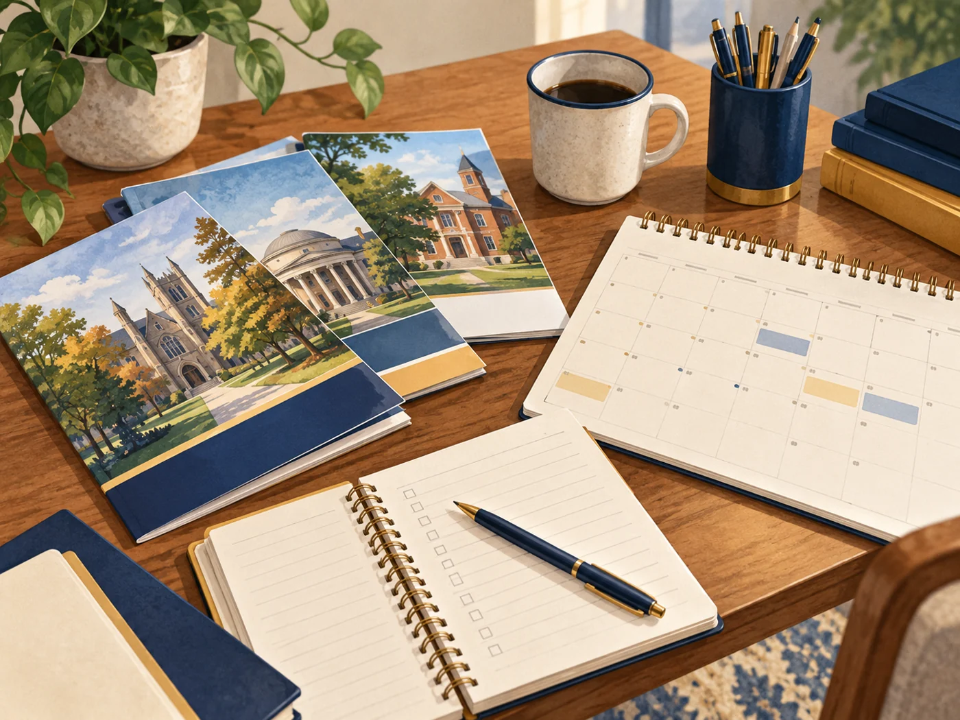 College brochures, a calendar and an open notebook cover a wooden table.