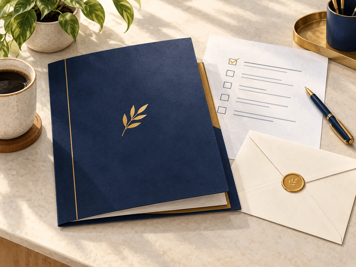 A folder lies beside a checklist and an envelope.
