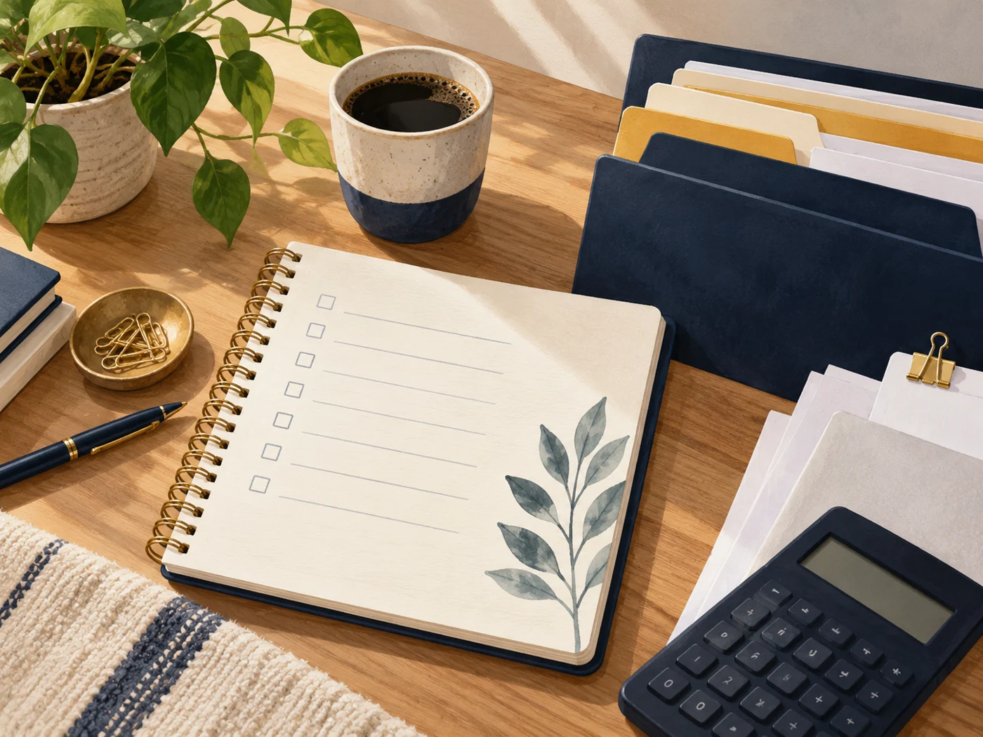 An open notebook rests beside folders and a calculator.