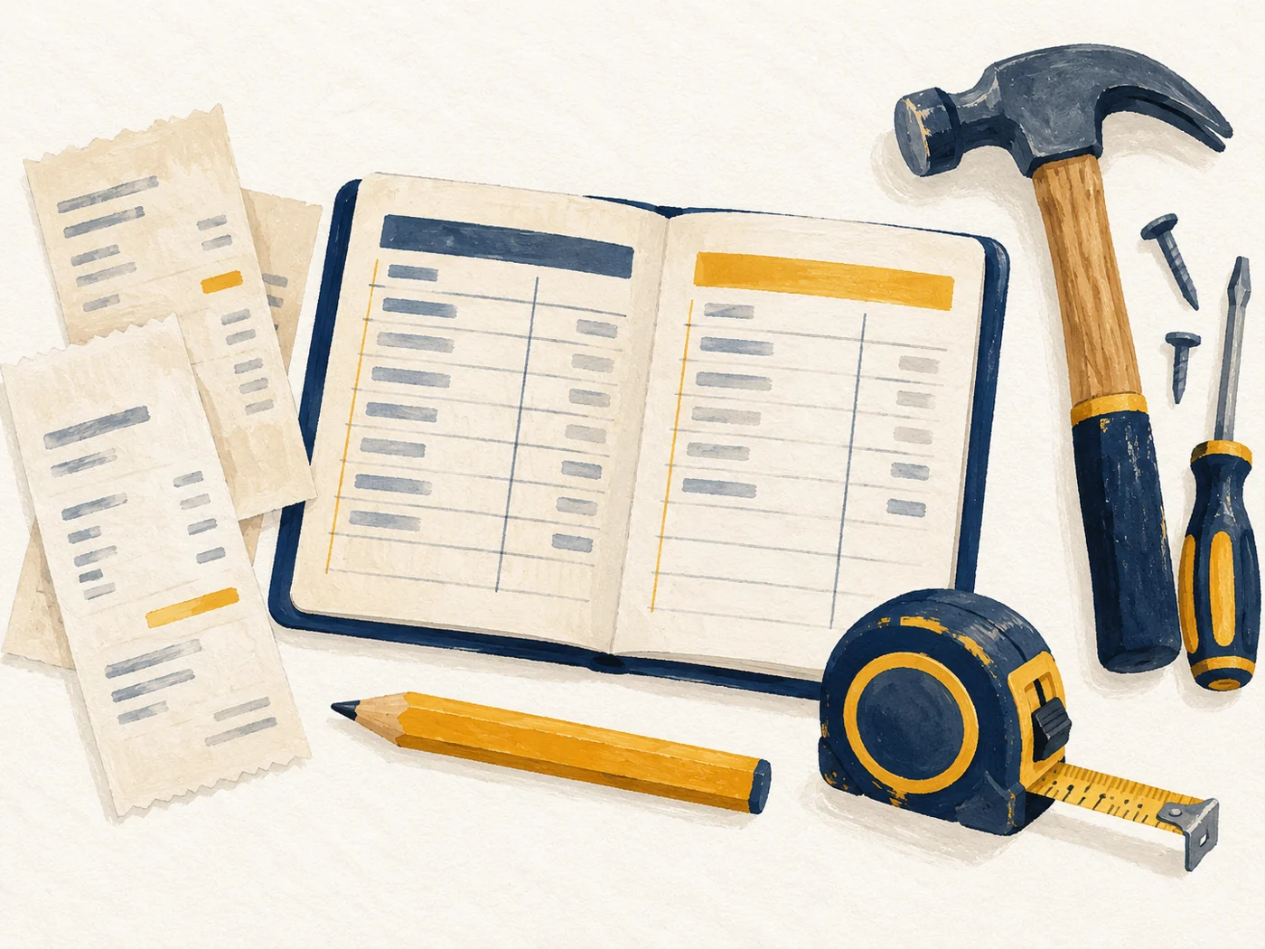 Tools, receipts and an open notebook are arranged on a pale background.