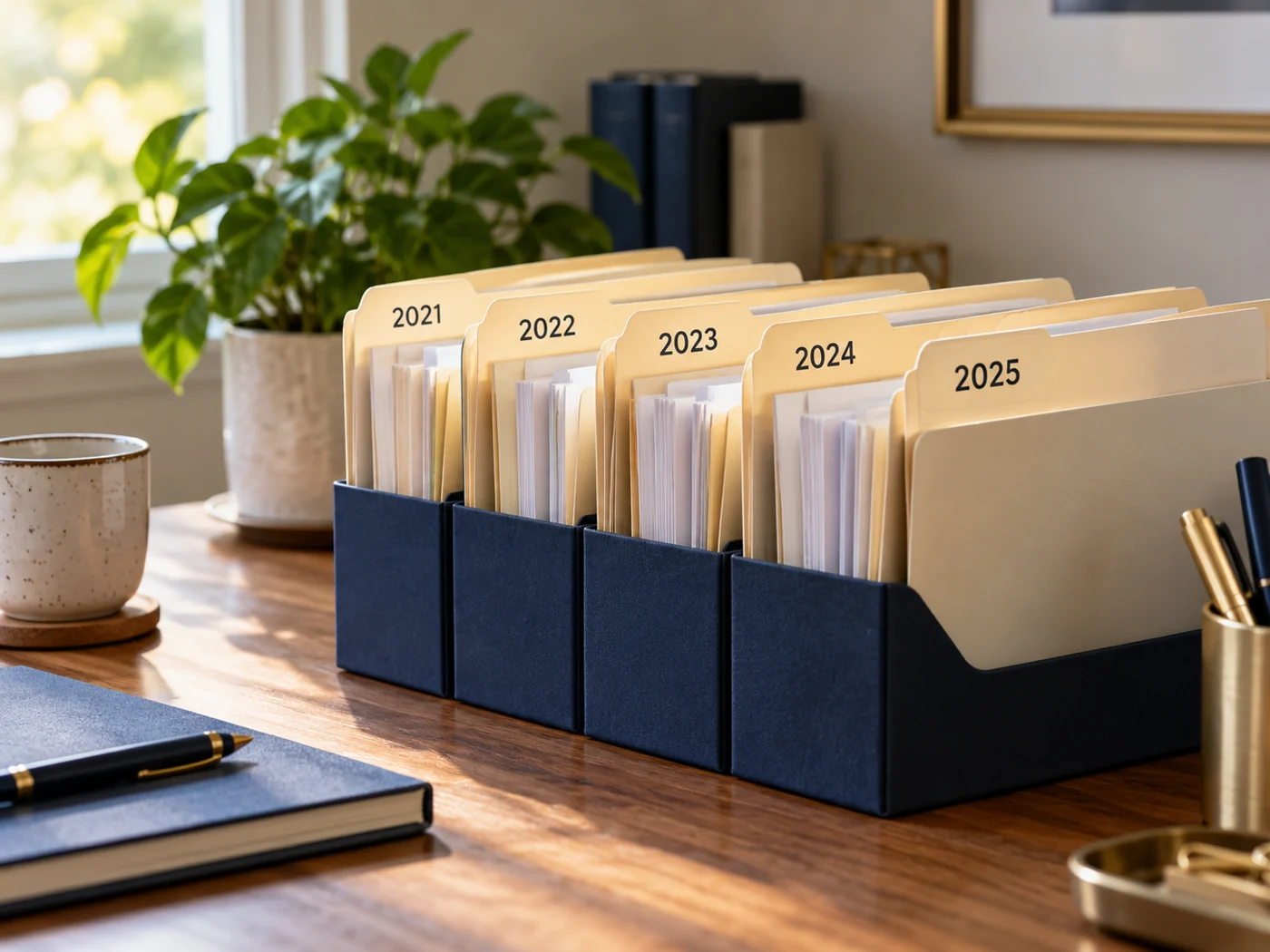 Labeled folders stand in a row inside a desk organizer.