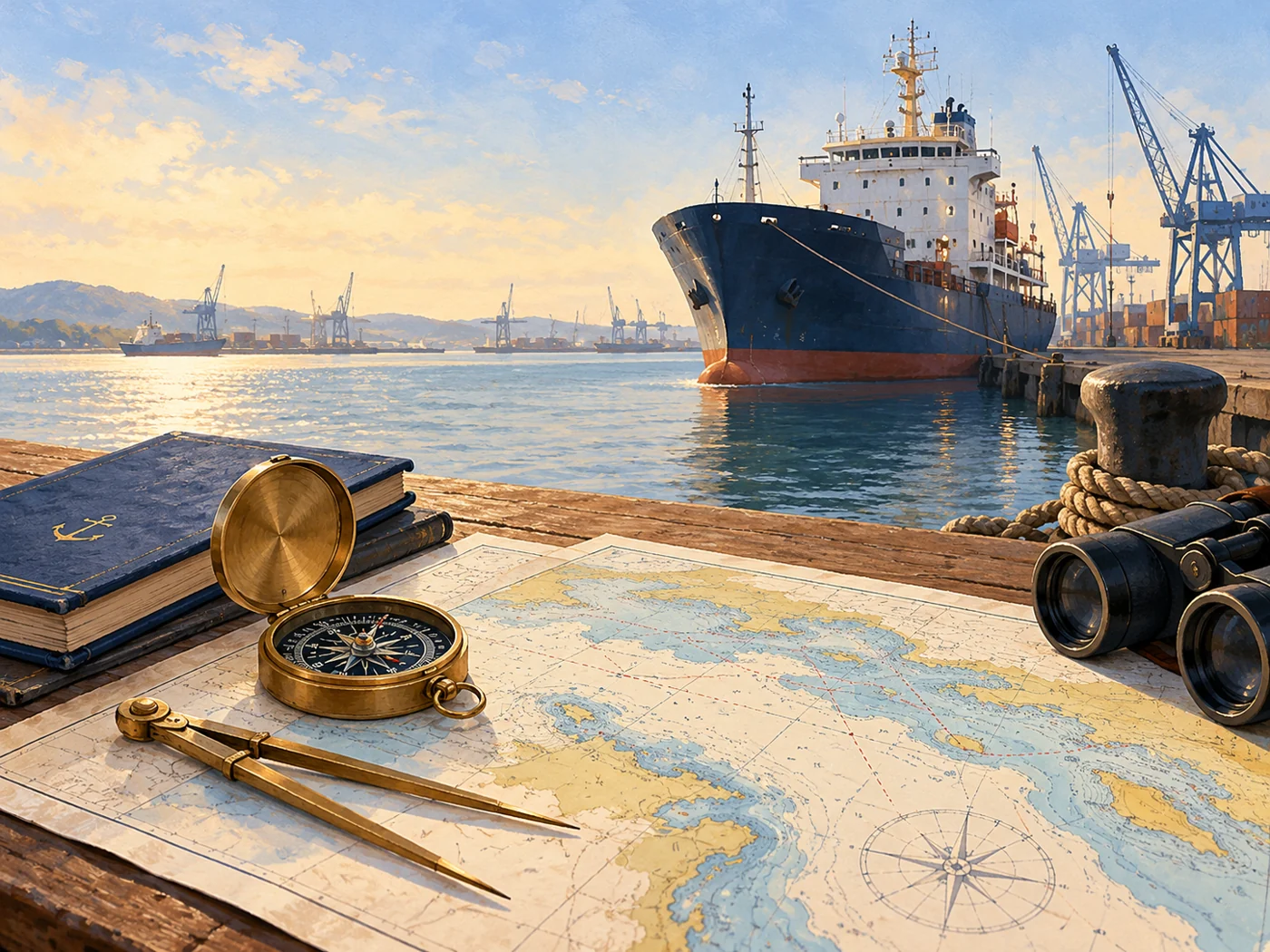 A ship is docked behind a navigation chart and a compass.