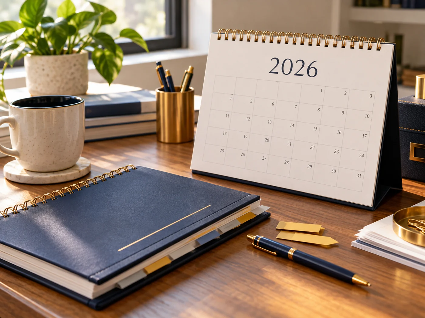 A desk calendar sits beside a closed notebook and a pen.