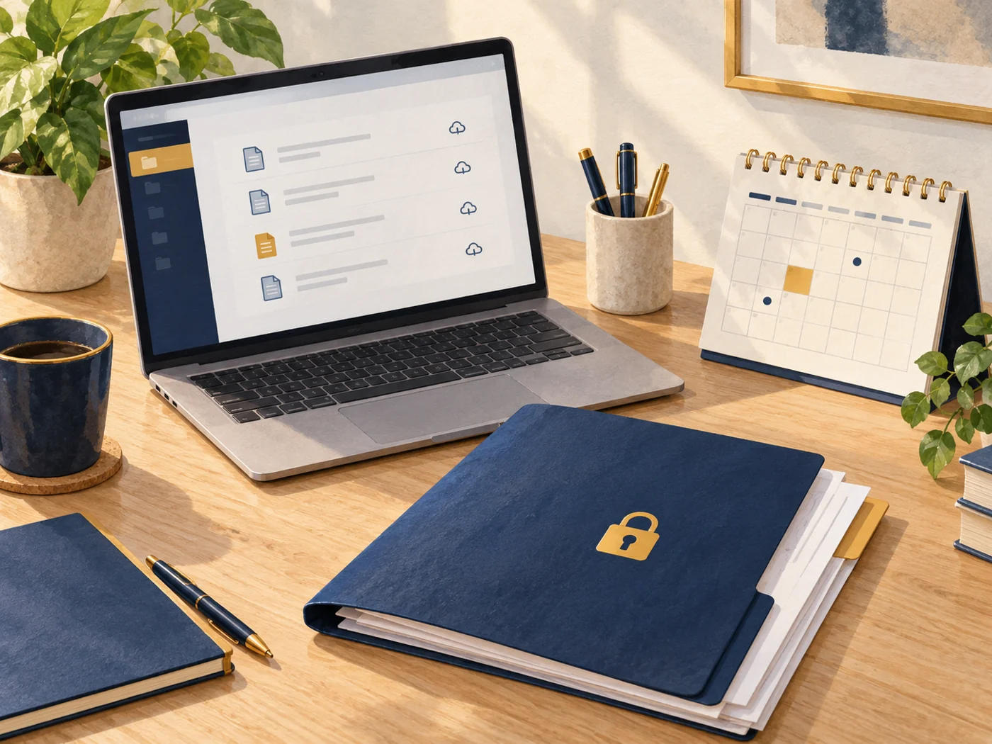 A laptop, a calendar and a document folder sit on a desk.