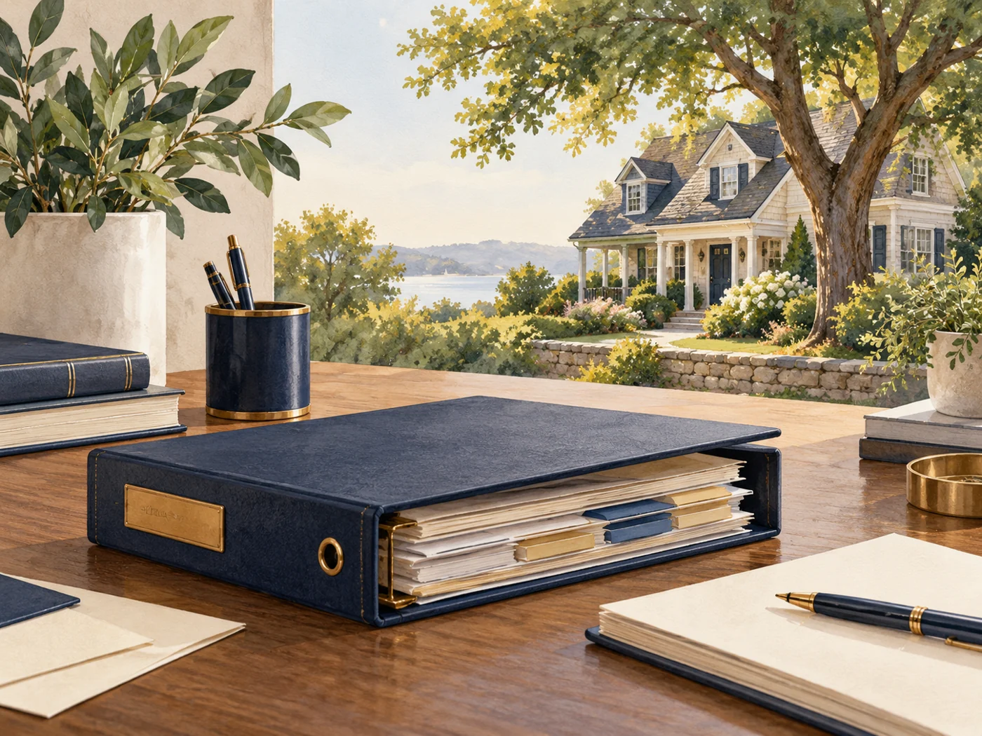 A thick binder rests on a desk with a house and a tree in the background.