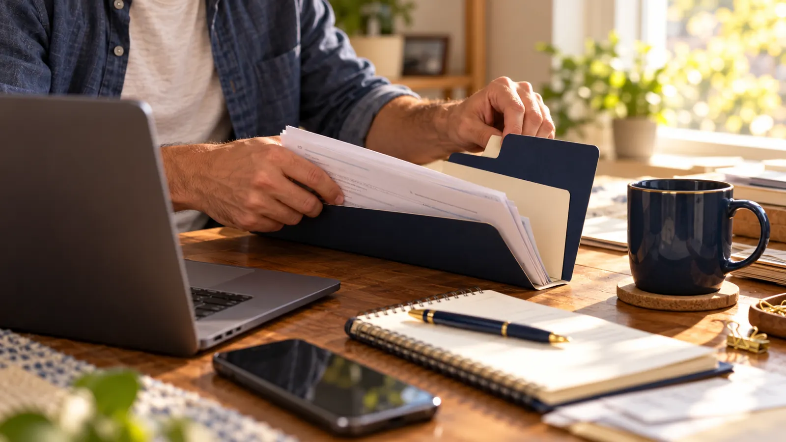 Hands arrange papers in a folder beside a laptop.