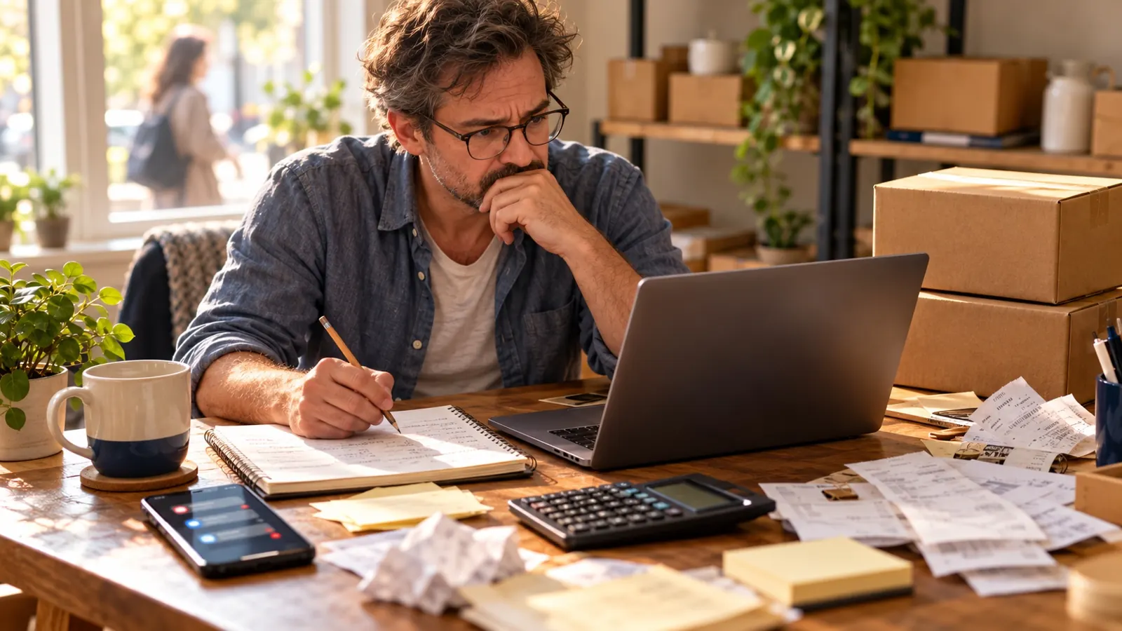 A person studies receipts and a laptop at a cluttered desk.
